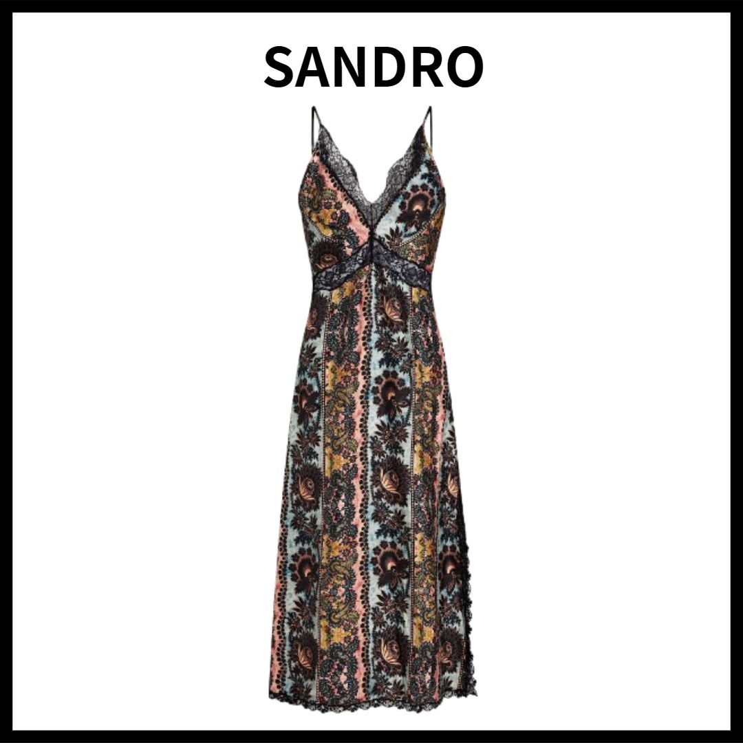 SANDRO シルクツイル ミディワンピース プリント入り