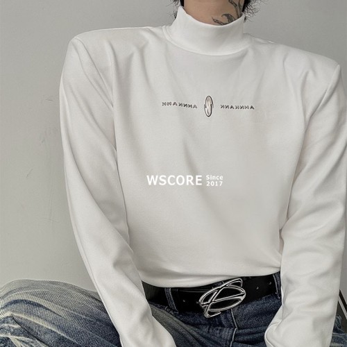長袖Tシャツ メンズ タートルネック ショルダーパッド ロゴ 2色