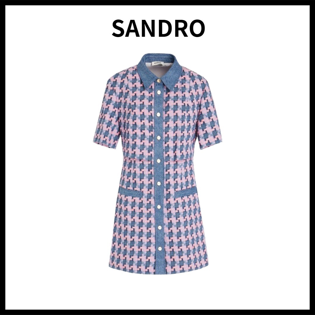SANDRO ツイード ミニシャツワンピース デニムトリム