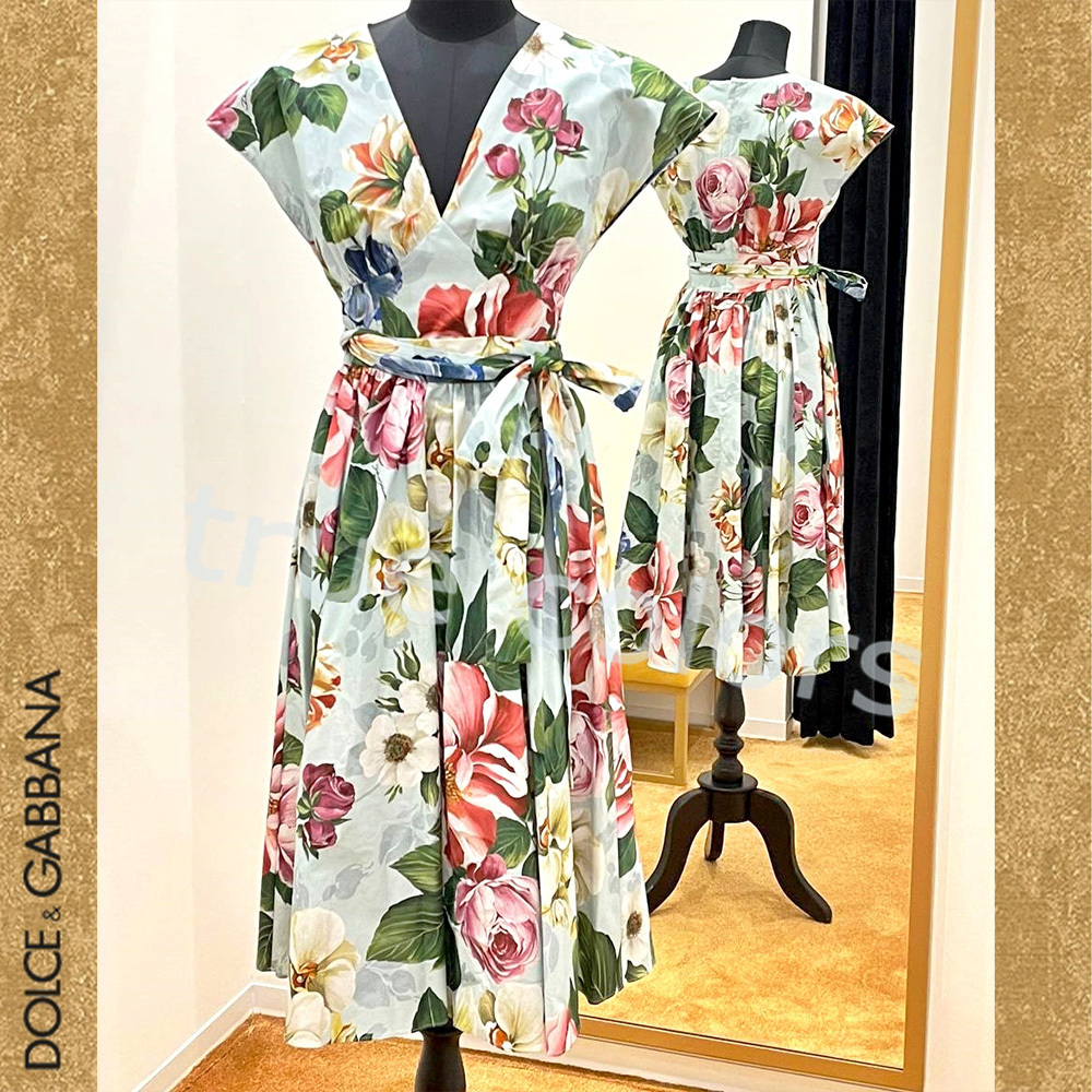 DOLCE&GABBANA フラワー柄 ベルト付き Vネック ミディ丈 ドレス