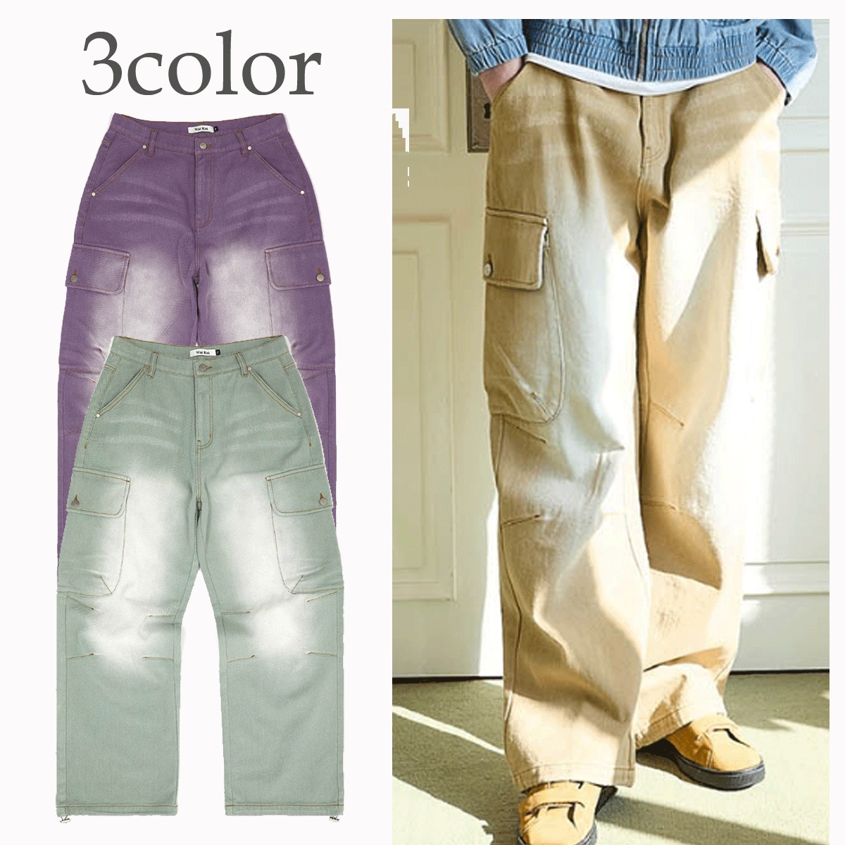デニム・ジーパン Wai Kei Parachute cargo washed denim pants 4BKH109