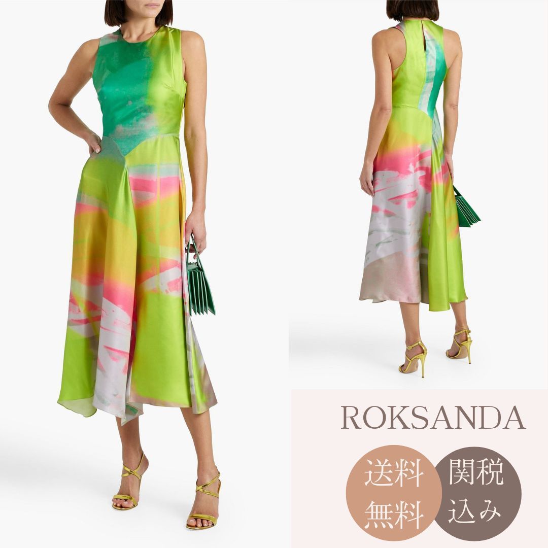 【ROKSANDA】シルクサテン ミディワンピース プリント入り