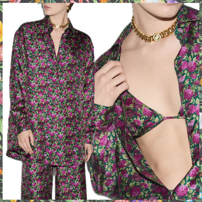GUCCI - GUCCI フローラルプリント シルク ボウタイ付き シャツ