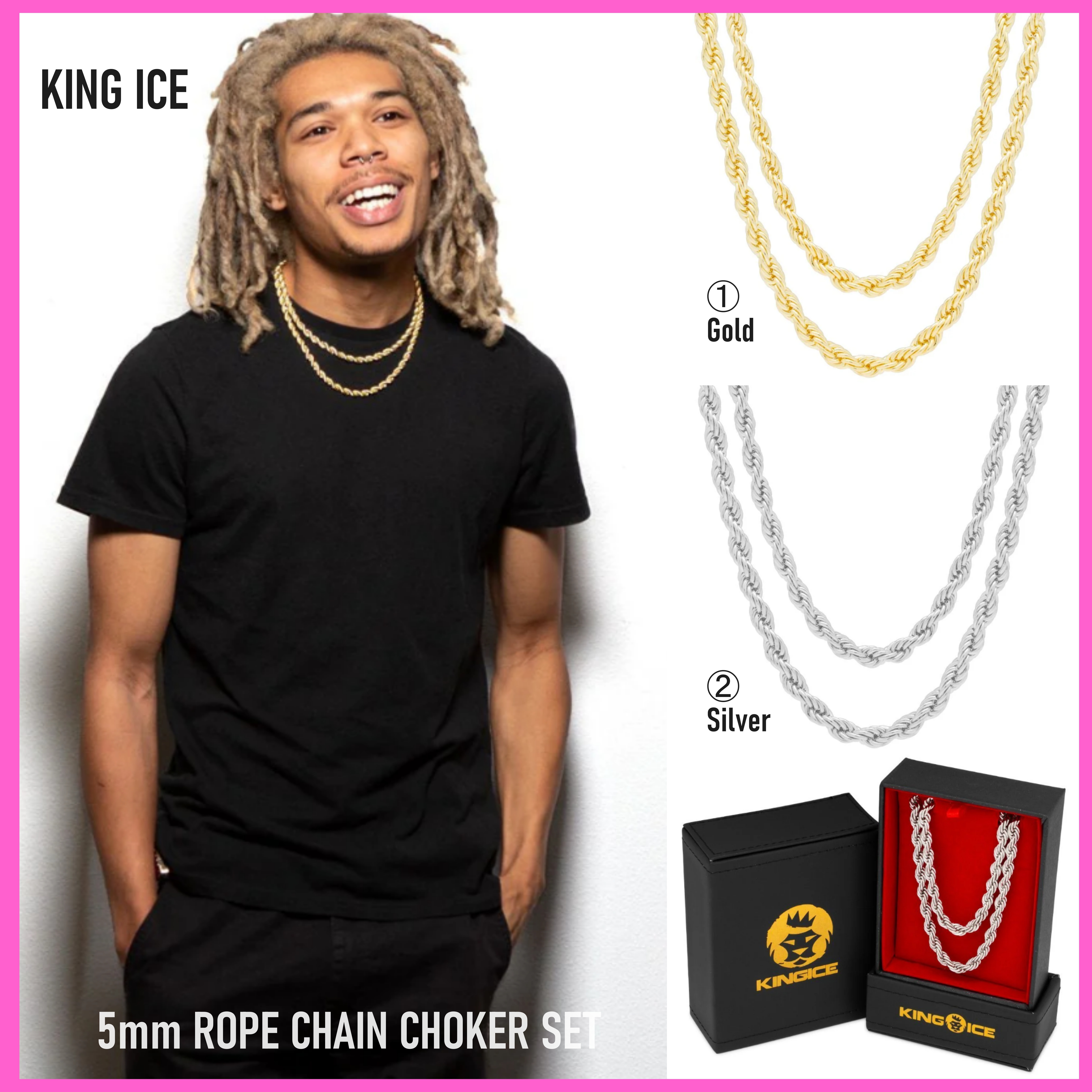 送料関税込【King Ice】5mm ROPE CHAIN CHOKER SET (2色) 国内発