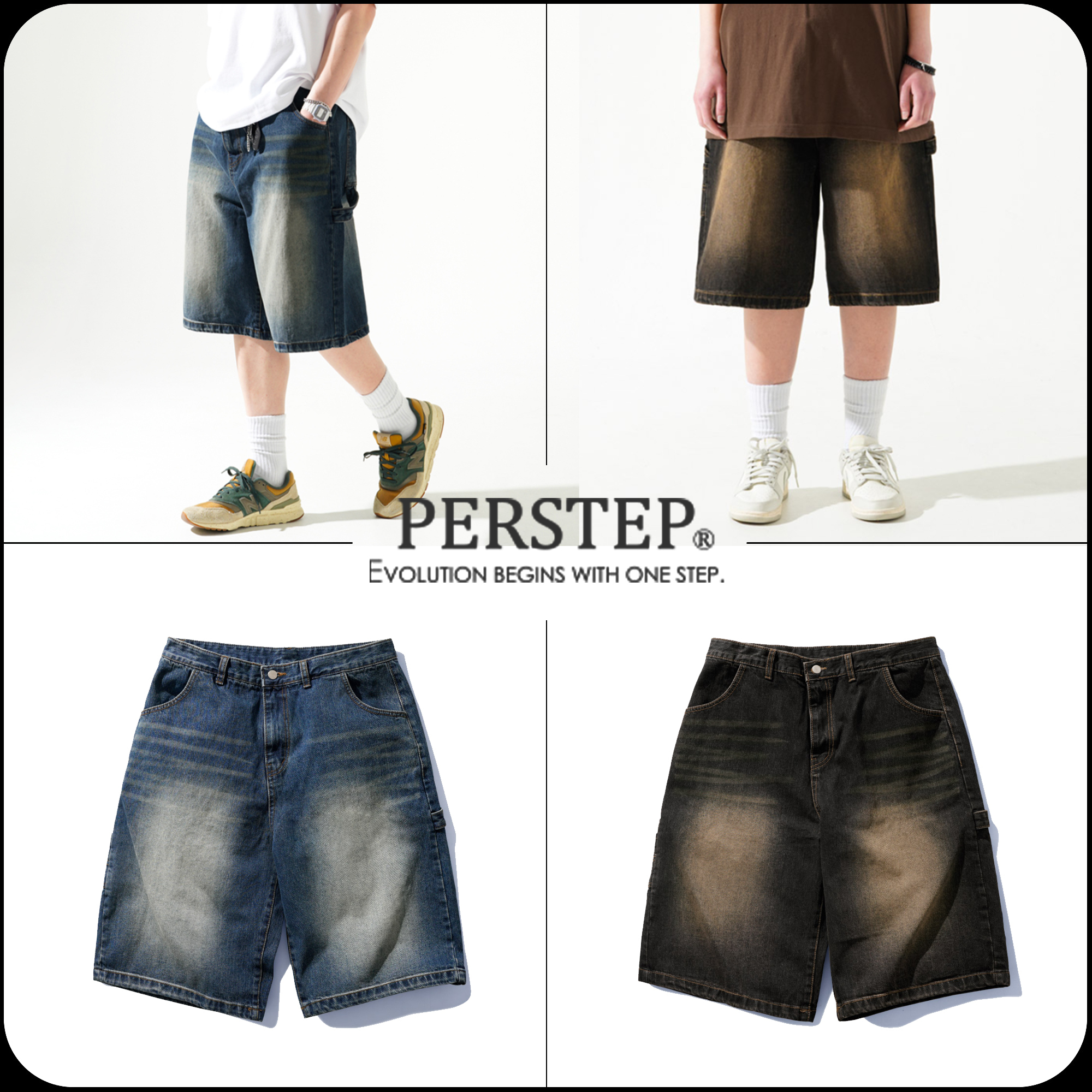 [PERSTEP]★WHISKER WASHING CARPENTER DENIM HALF PANTS