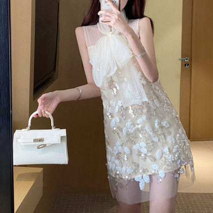 ノースリーブ ミニ丈ドレス オーガンジー ショート 結婚式 韓国