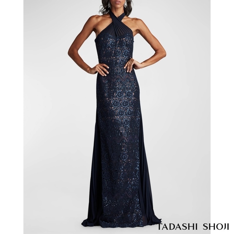 TADASHISHOJI 新作 珍しいシークインホルターネックロングドレス