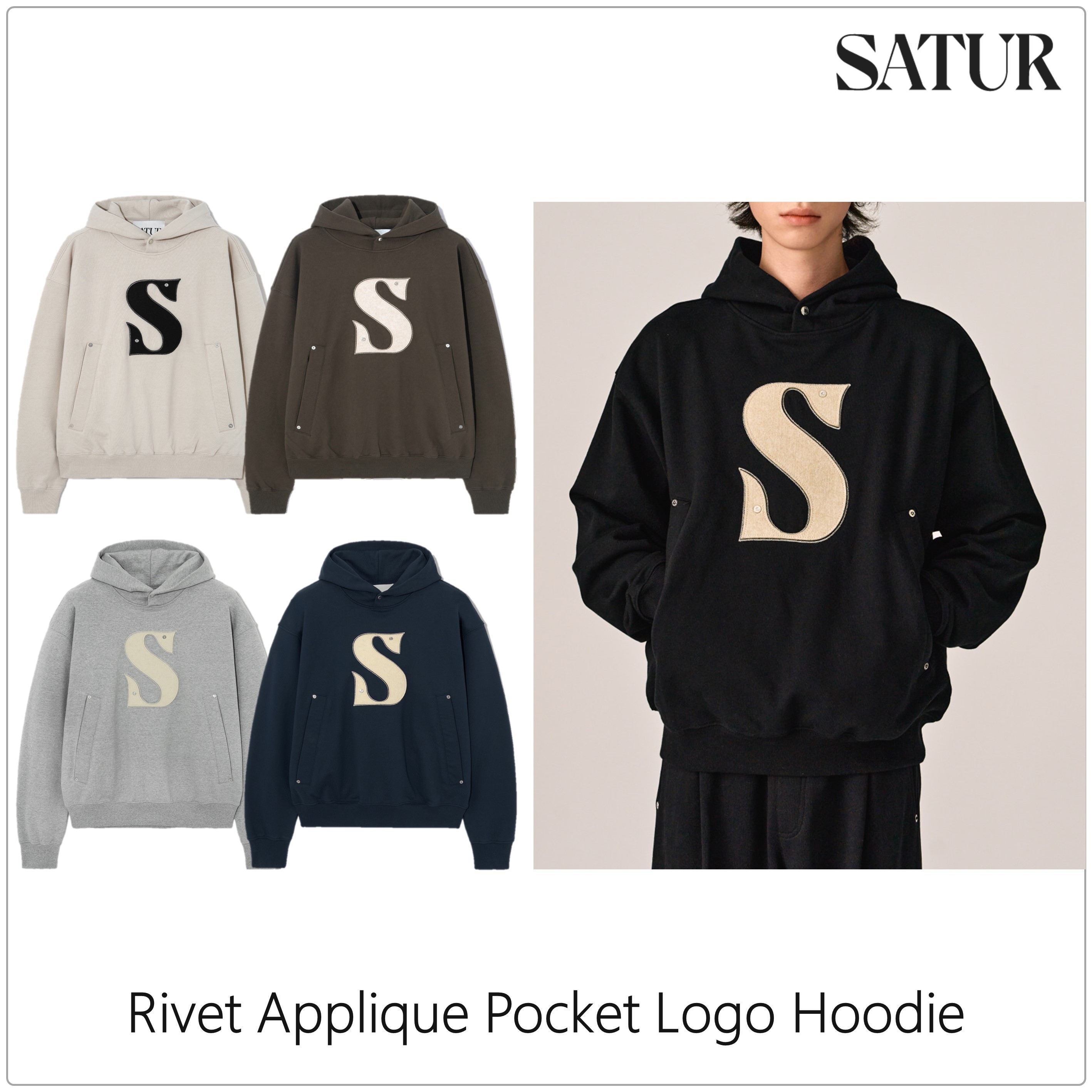 [SATUR]Rivet Applique Pocket Logo フーディー★23AW★