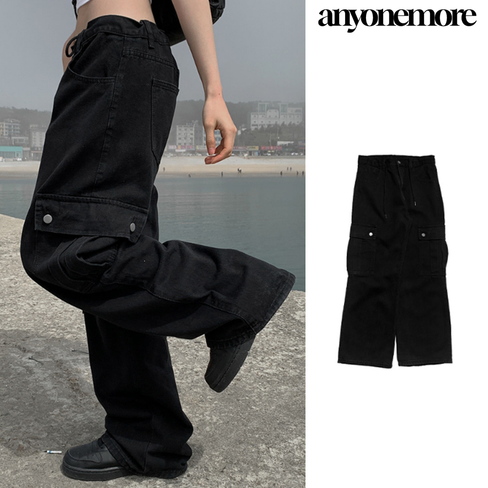 【Anyone more】Denti Black Blue Cargo Strap Wide Pants
