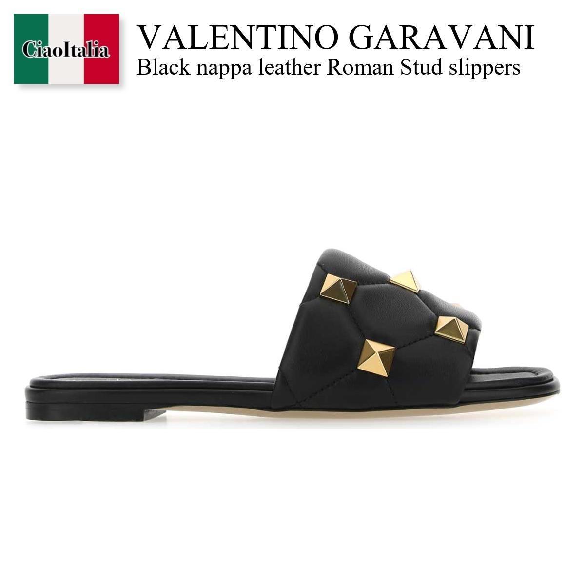 サンダル・ミュール Valentino Garavani Black Nappa Leather Roman Stud Slippers