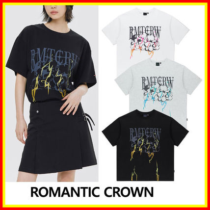 ROMANTIC CROWN T-Shirts Unisex Street Style U-Neck Plain Cotton Short Sleeves Logo