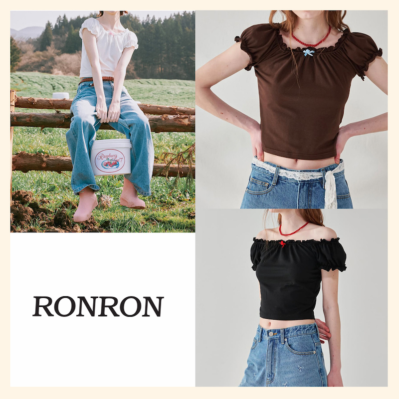 Tシャツ・カットソー [RONRON]ROSE RIBBON FRILL OFF SHOULDER T SHIRT