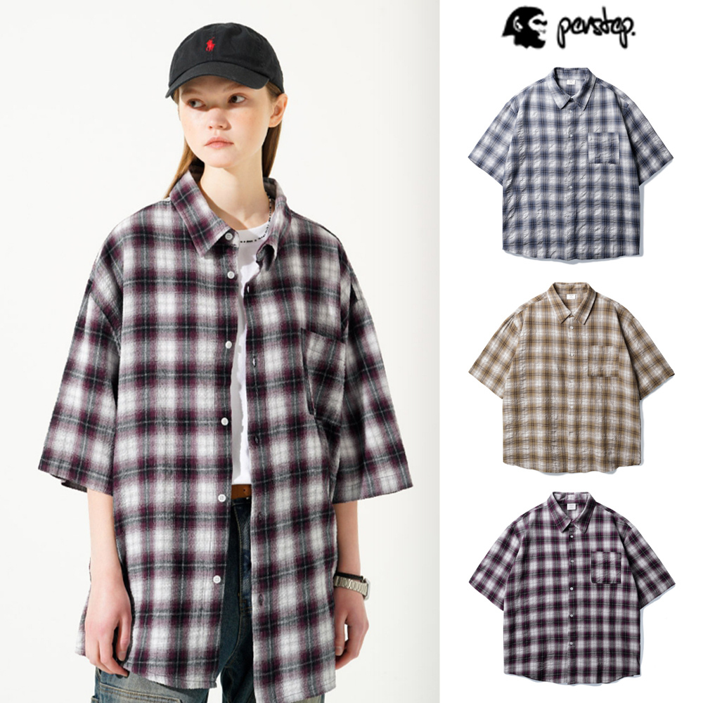 【PERSTEP】24SS★ Seersucker Loose Fit Check Short Sleeve