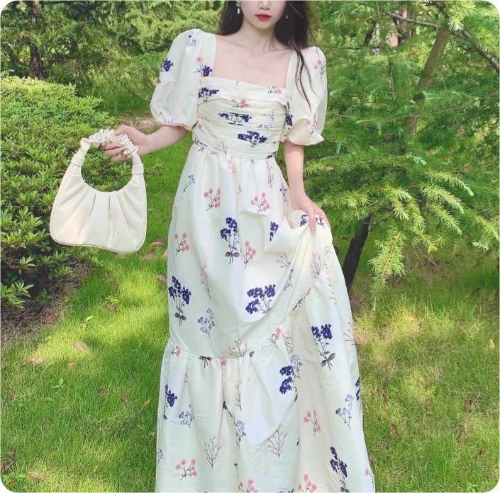 花柄ワンピース ティアード ロング ボリューム袖 韓国系 g2981