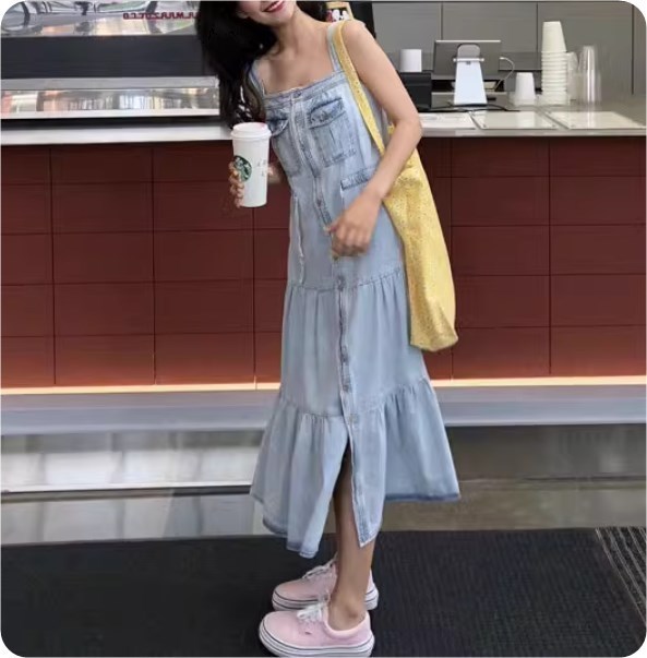 デニムキャミワンピース ティアード ミモレ丈 韓国系 g2999 デニムキャミワンピース ティアード ミモレ丈 韓国系 g2999