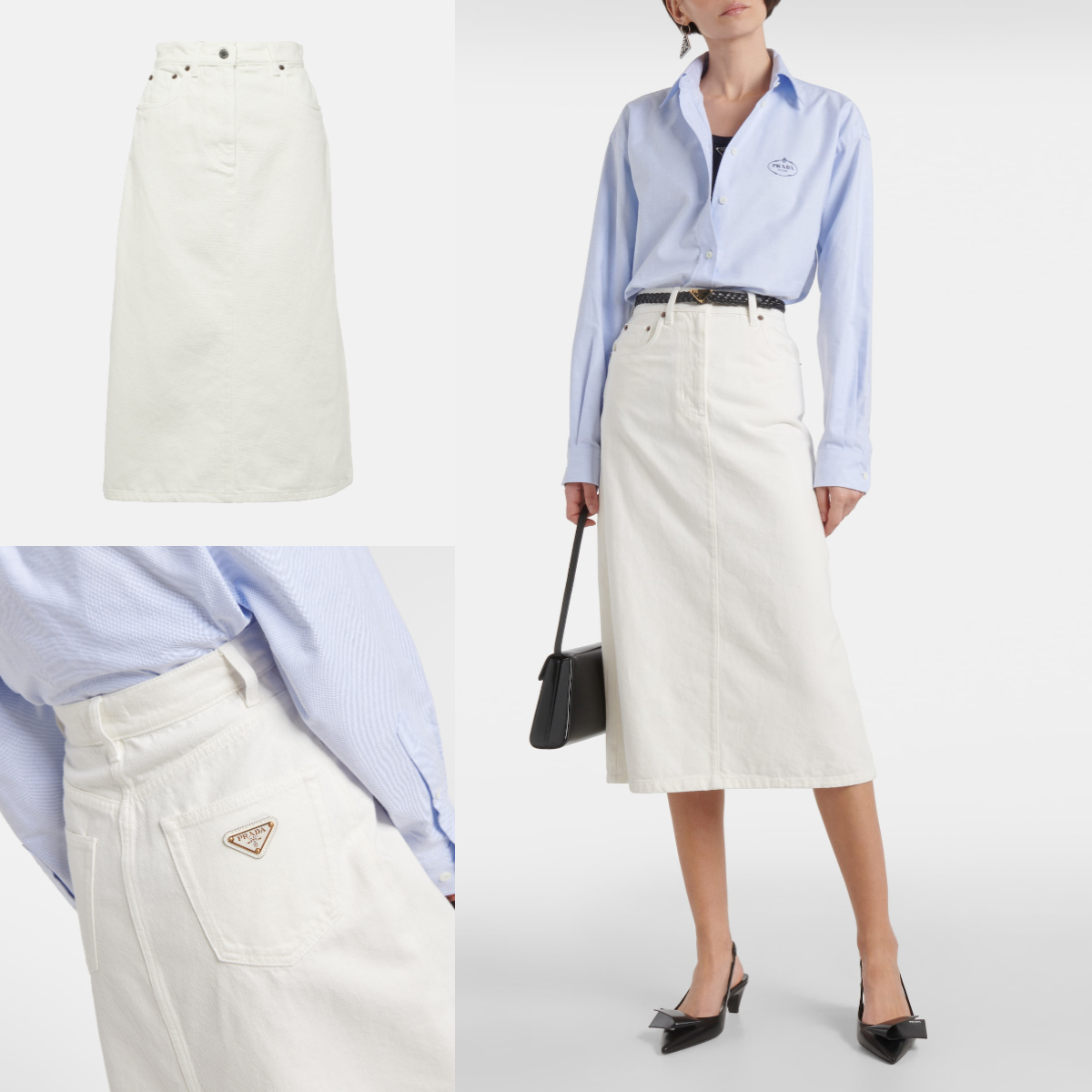 新作*PRADA*バックロゴ付ハイライズ ジーンズスカート ミドル