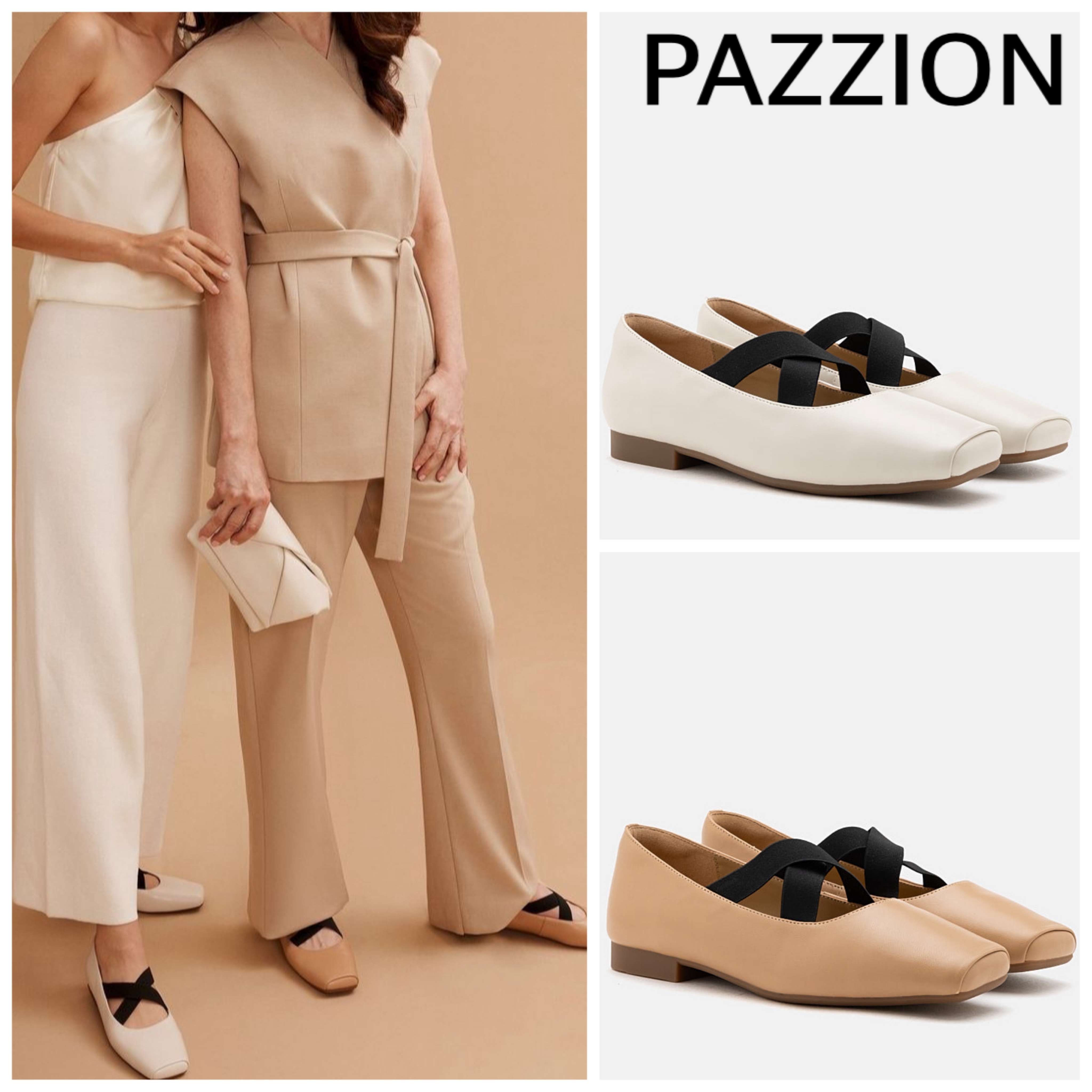 PAZZION【日本未上陸】本革☆スクエアトゥフラット/快適 モダン
