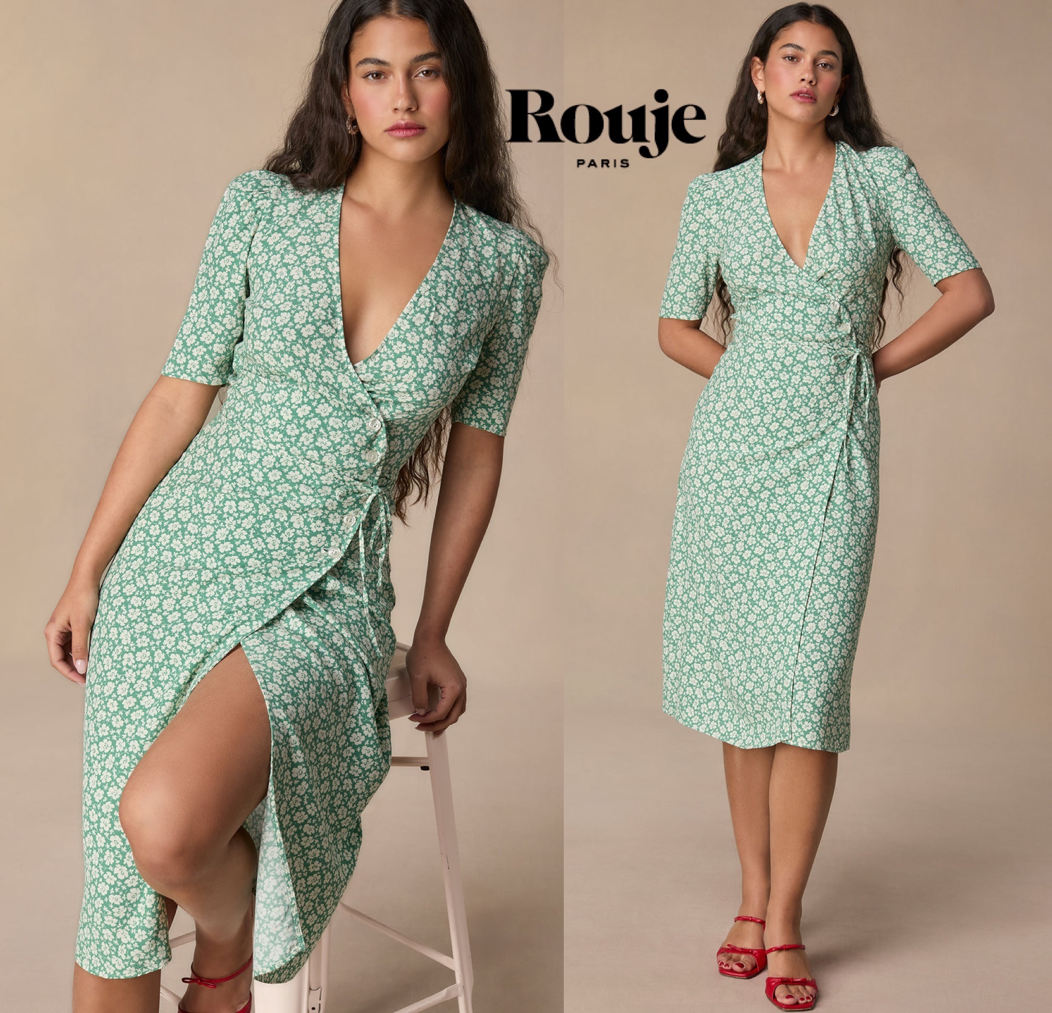 ★パリ発 Rouje★ GABIN ワンピース ミモレ丈 MASTIC 花柄 ECRU ☆パリ発 Rouje☆ GABIN ワンピース ミモレ丈 MASTIC 花柄 ECRU
