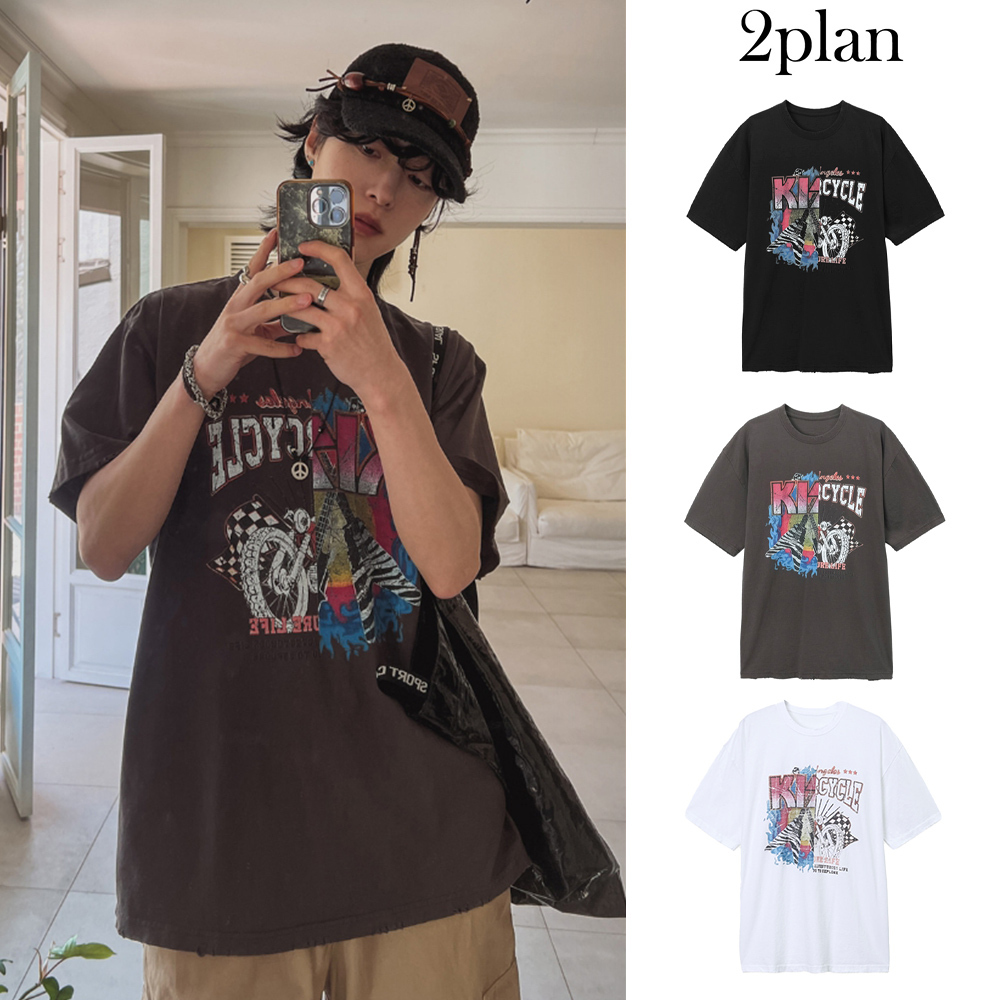 【2plan】Acted noise printing short sleeve t-shirt