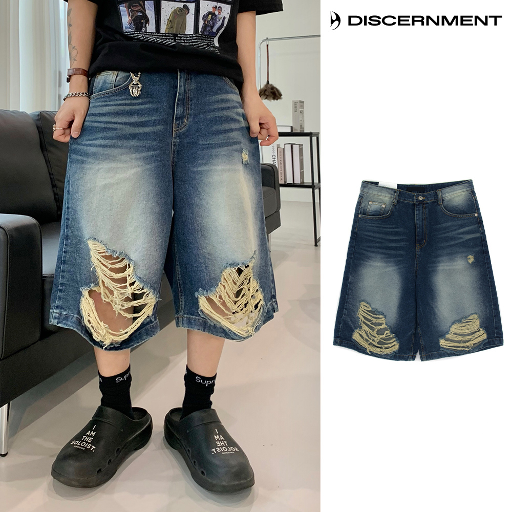 【DISCERNMENT】Tin Point Damage Bermuda Denim