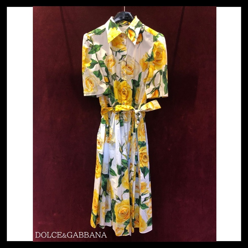 Dolce & Gabbana シャツドレス コットン イエローローズプリント