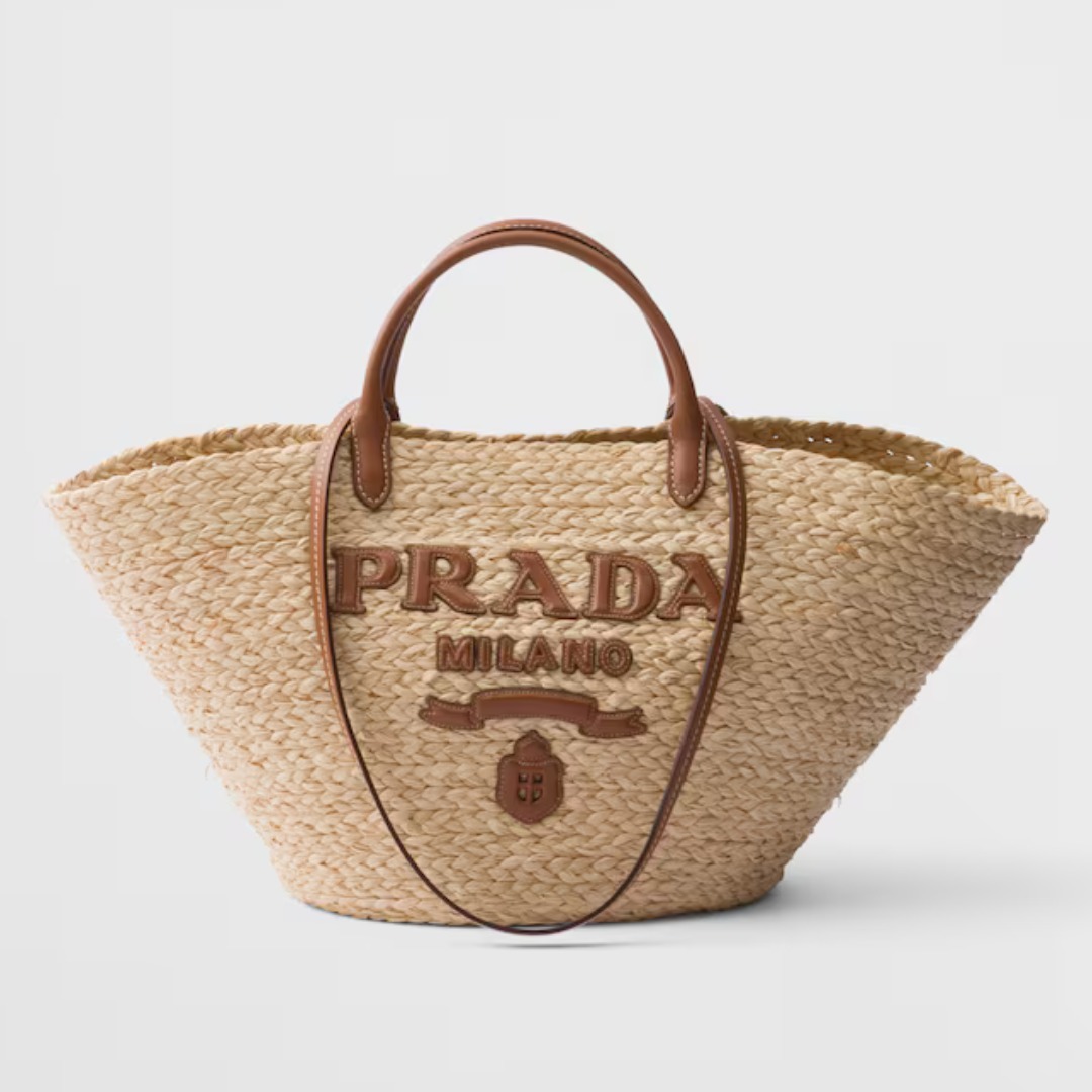 話題 PRADA◇ラフィア風×レザー ラージ バスケットバッグ ロゴ
