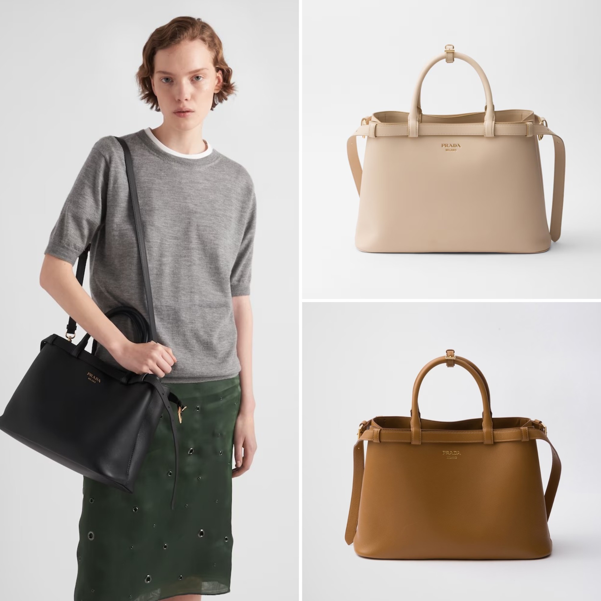 《送料無料》PRADA Buckle med leather handbag w/ double belt