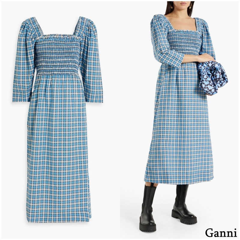 【Ganni】コットン混シャーリング入り チェックミディワンピース