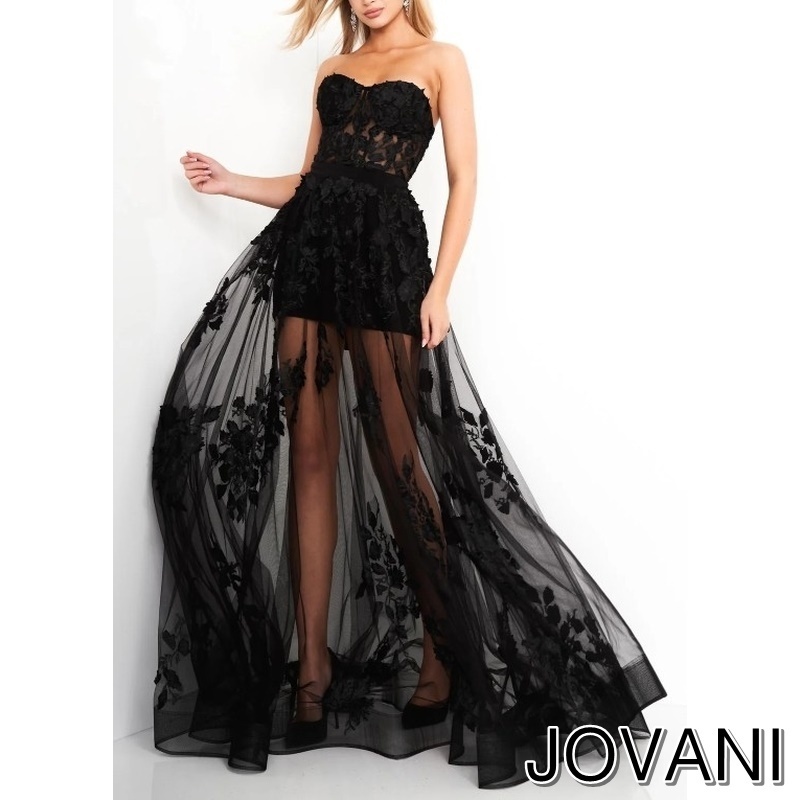 JOVANI SALE シースルースカートストラップレスロングドレス黒