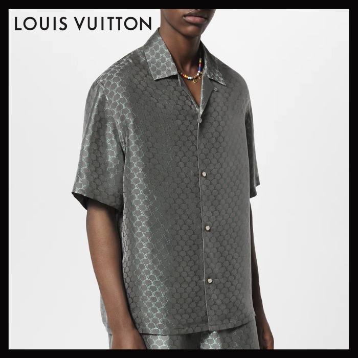 LouisVuitton《ジャカードシルクシャツ》グレー LV Fishnet 直営