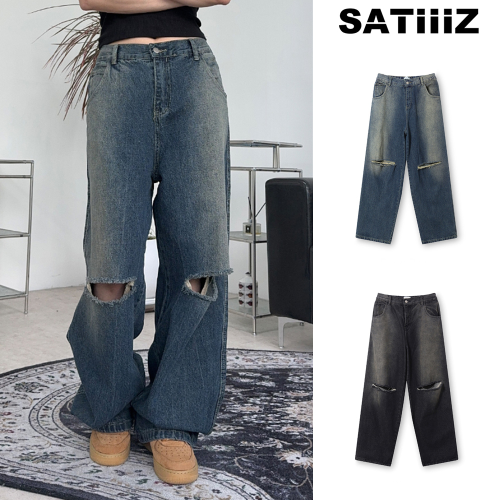 【SATIIIZ】Peber Damage Banded Denim Pants