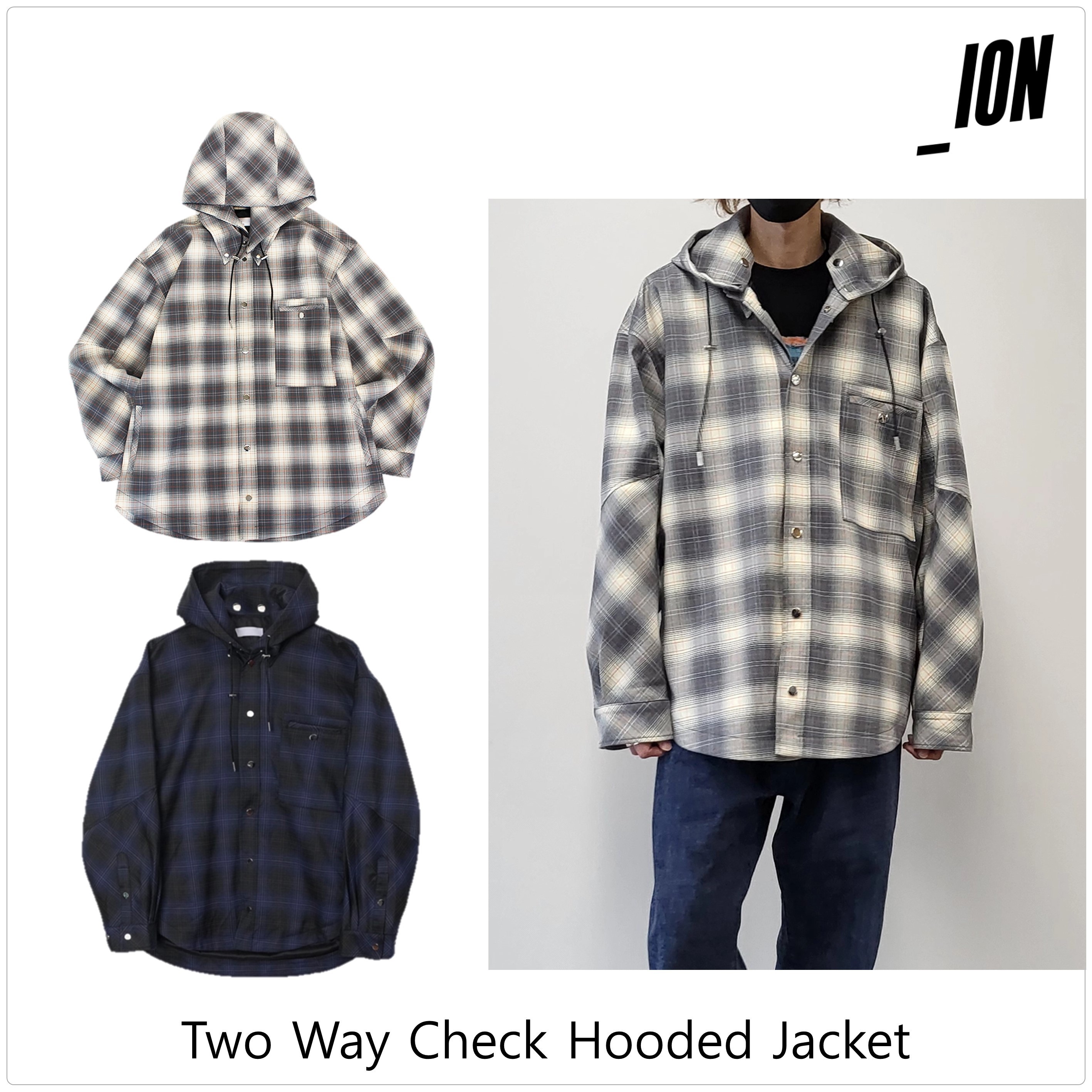 [IONSEOUL]Two Way Check Hooded ジャケット★韓国ファッション