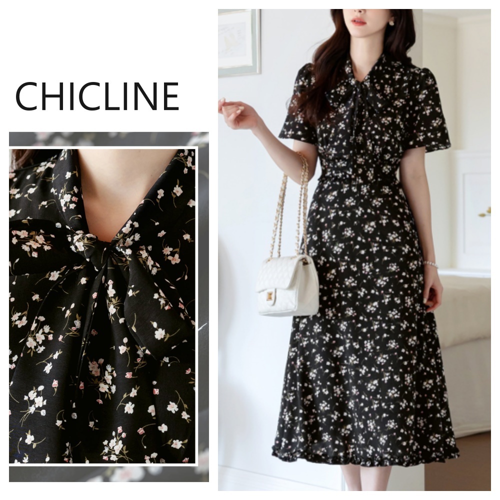 【CHICLINE 】リボンネックフローラルワンピース ★ 韓国発