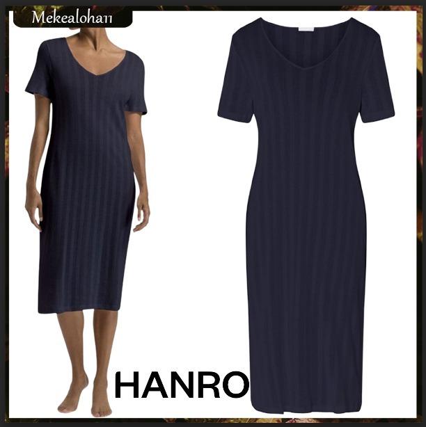 HANRO☆コットンシモーネ ナイトドレス ネイビー 関税送料込み