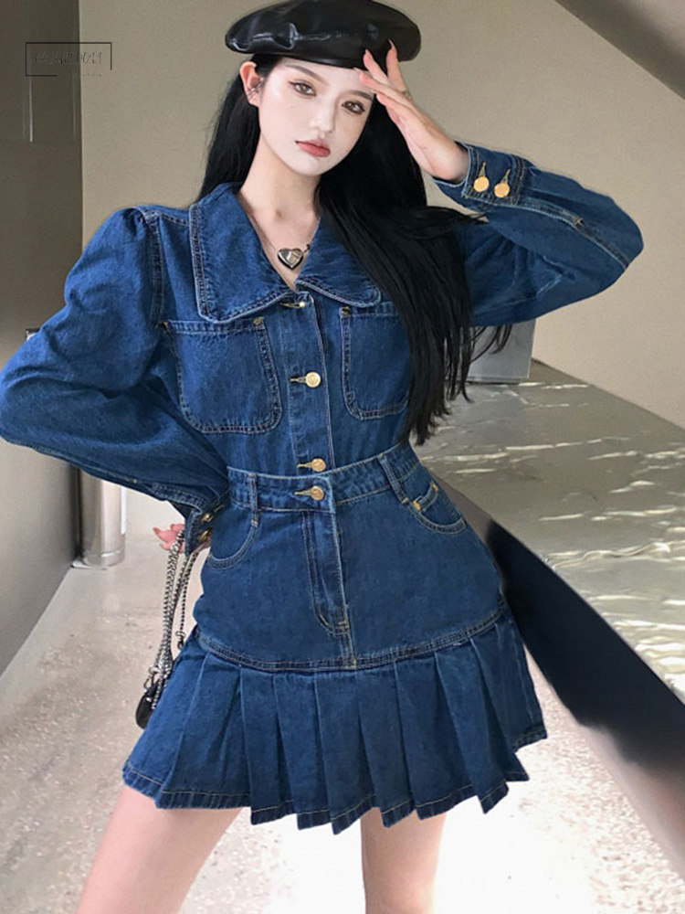 セットアップ ワンピース風 デニム プリーツ ミニ 〜4XL