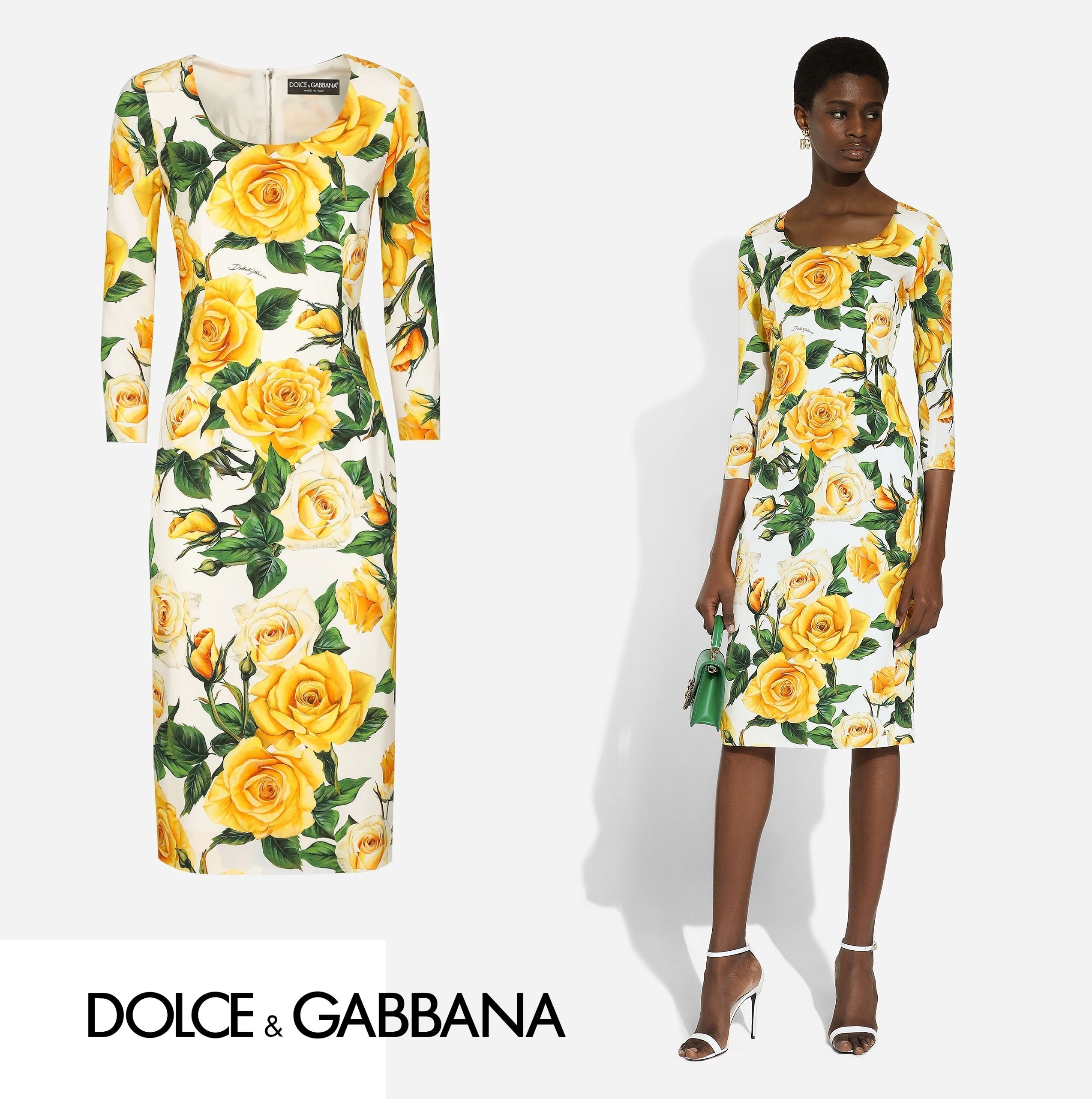国内発| DOLCE & GABBANA ローズプリント シルク混ミディドレス