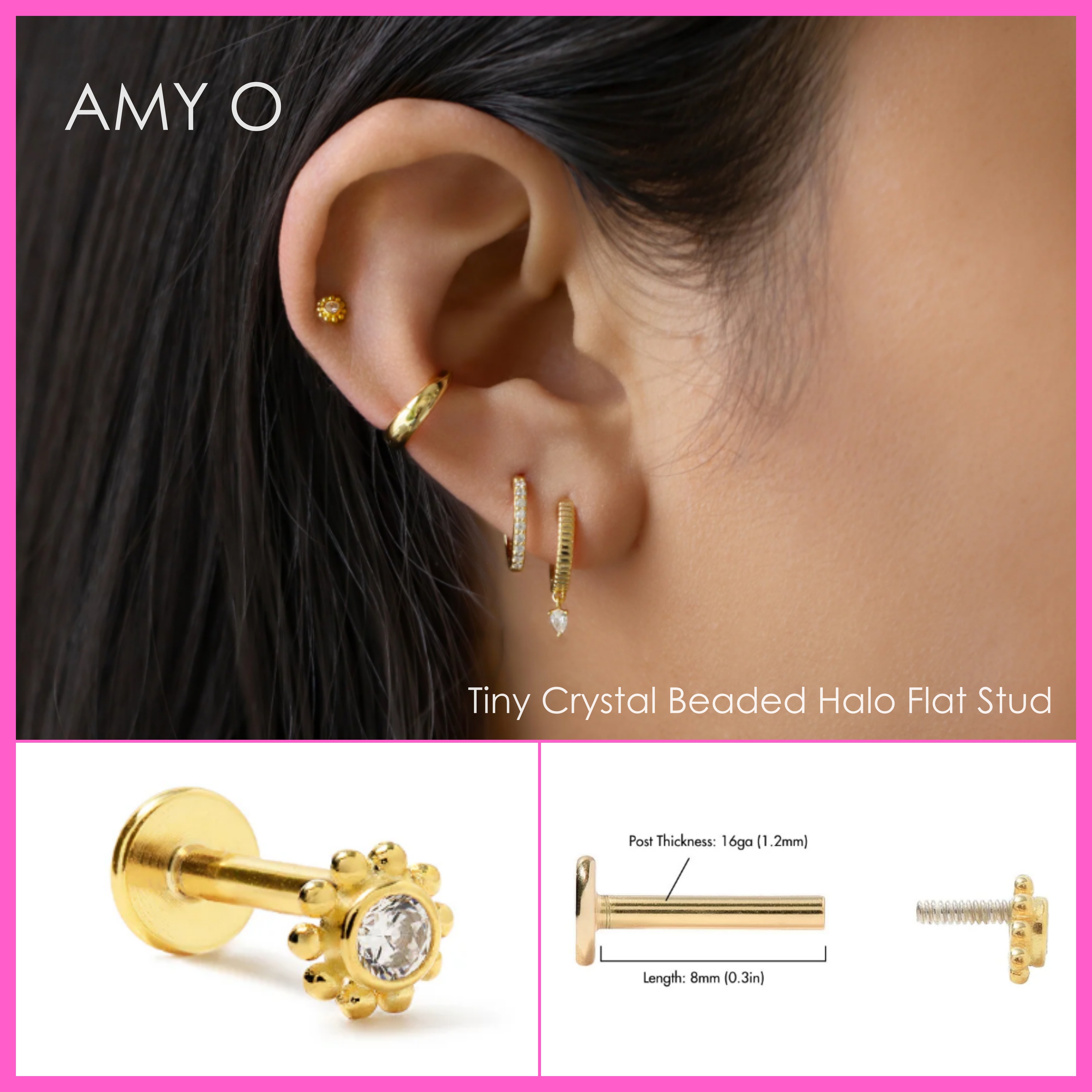 送料関税込【AMY O】Tiny Crystal Beaded Halo Flat Stud 国内発