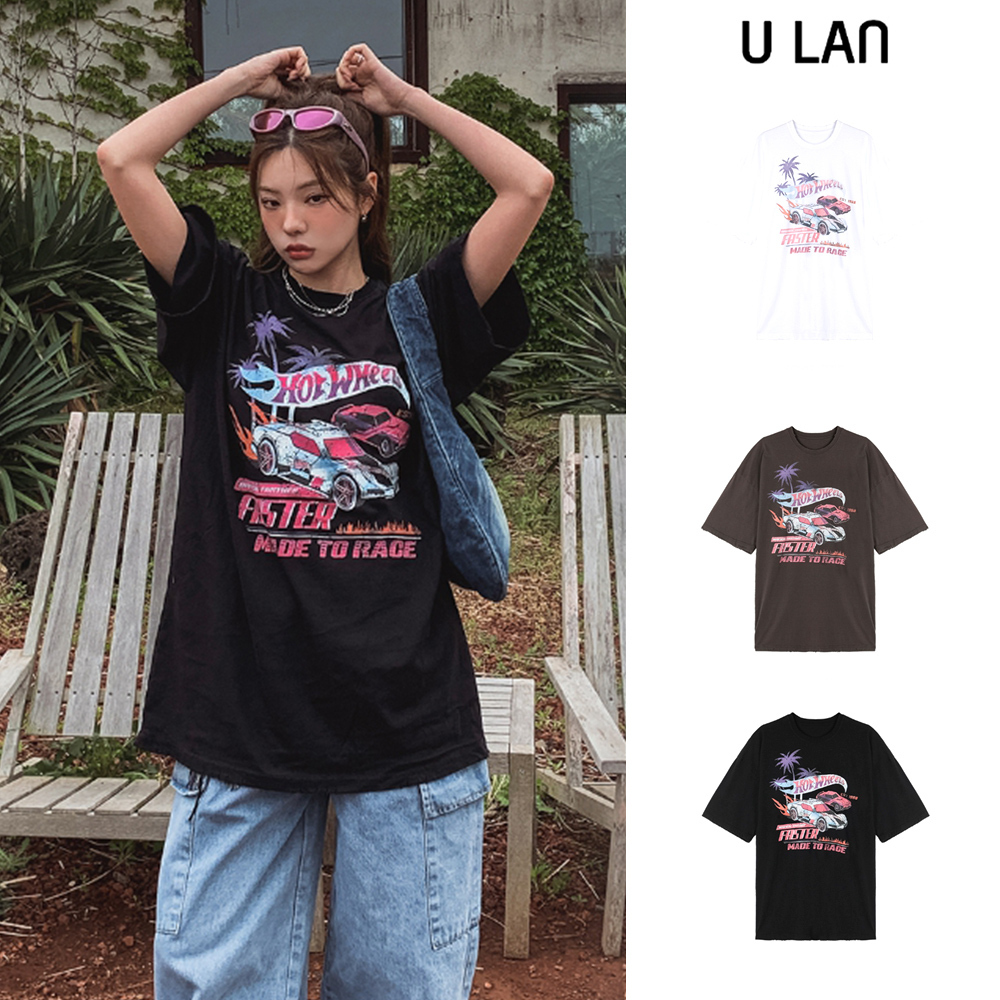 【U LAN】Vintage Old Car Printed Oversized Fit Short Sleeve