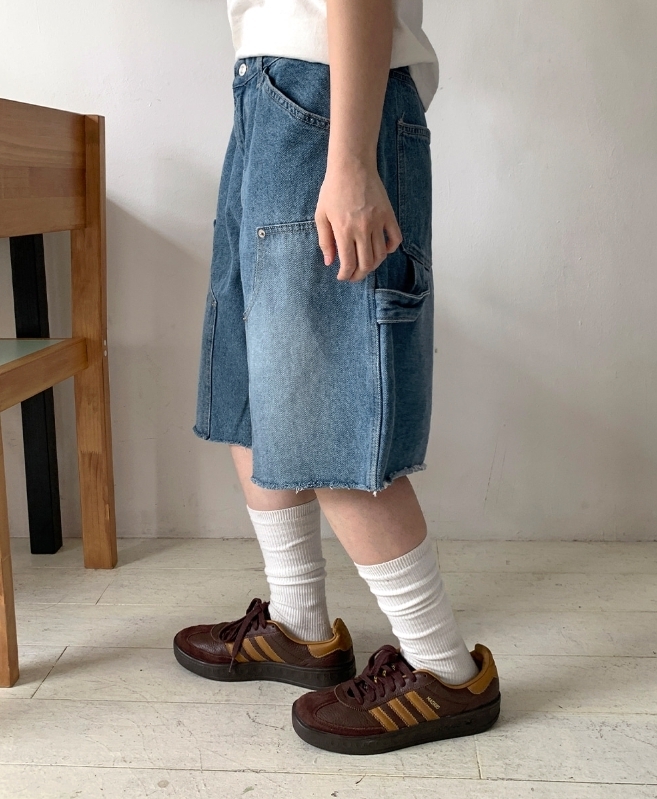 【BAON】[unisex] Natani Rivet Carpenter Bermuda Denim Pants