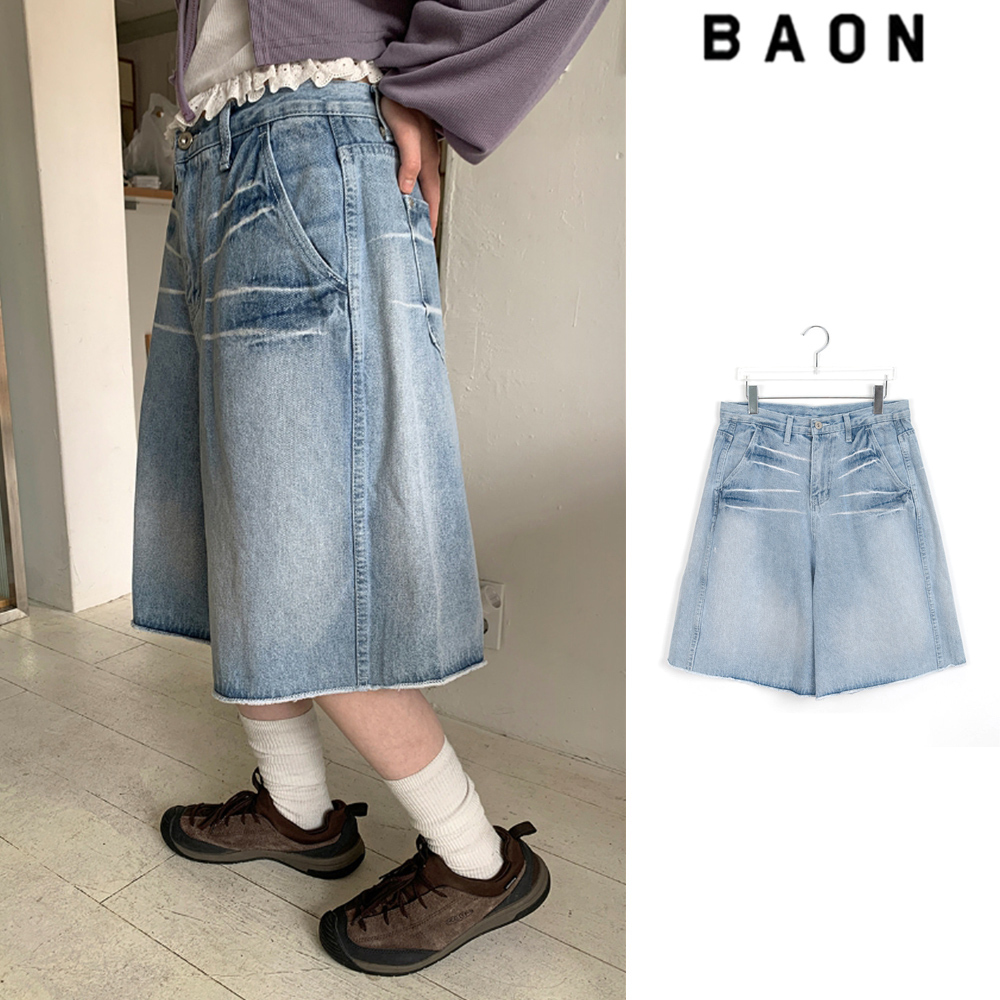 【BAON】[unisex] Cat Washing Light Blue Bermuda Denim PT