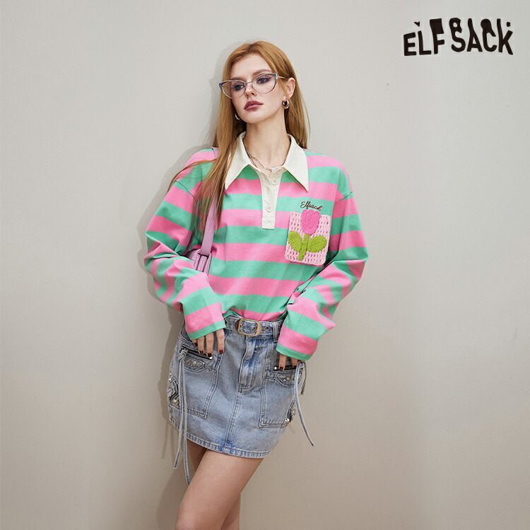 ELFSACK Tシャツ ポロシャツ ボーダー アップリケ