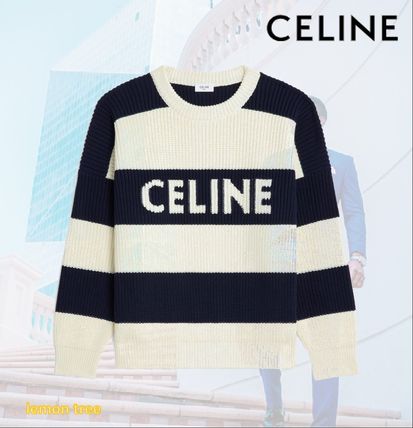 CELINE Sweaters Crew Neck Pullovers Stripes Unisex Bi-color Long Sleeves