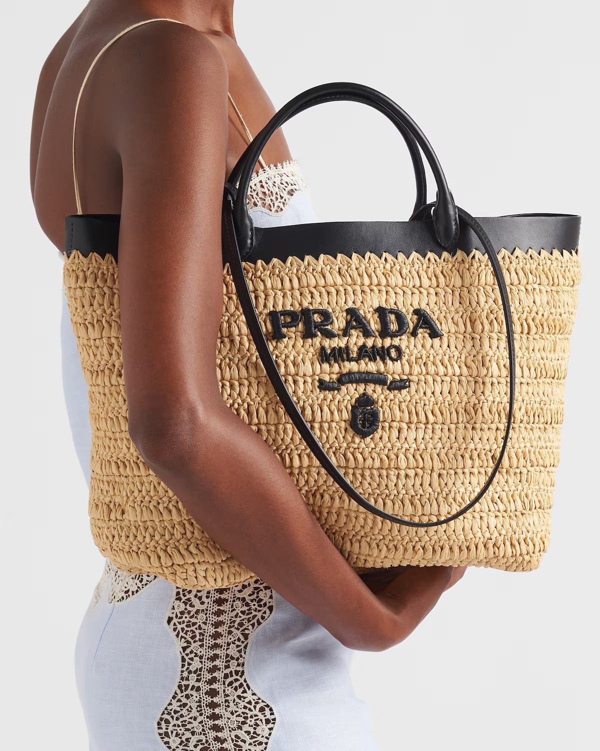 ■PRADA プラダ ミディアム クロシェxレザー トートバッグ □PRADA プラダ ミディアム クロシェxレザー トートバッグ