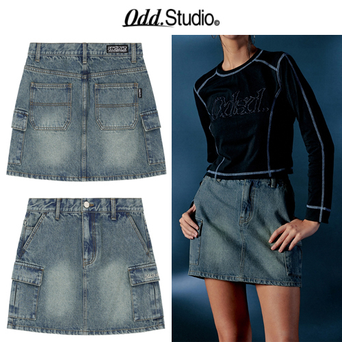 ★24SS新作★ODD STUDIO★Sand Washing Cargo Denim Mini Skirt