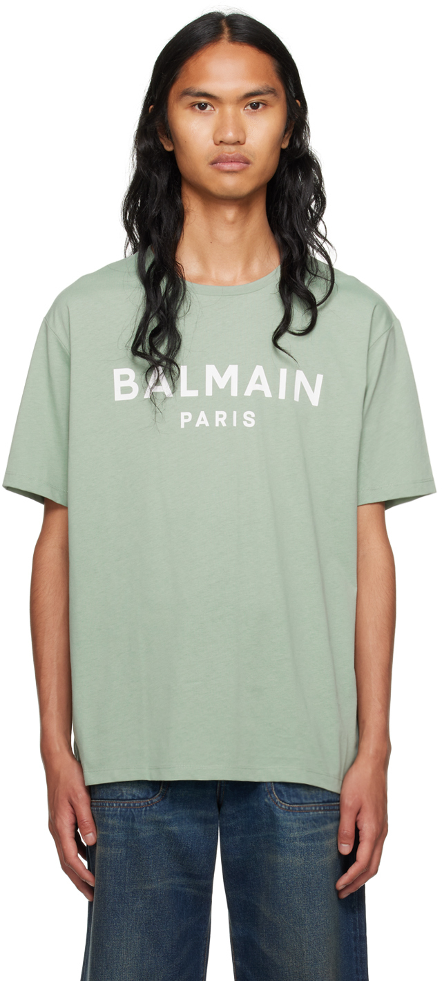 【関税込み】Balmain グリーン ロゴプリント Tシャツ