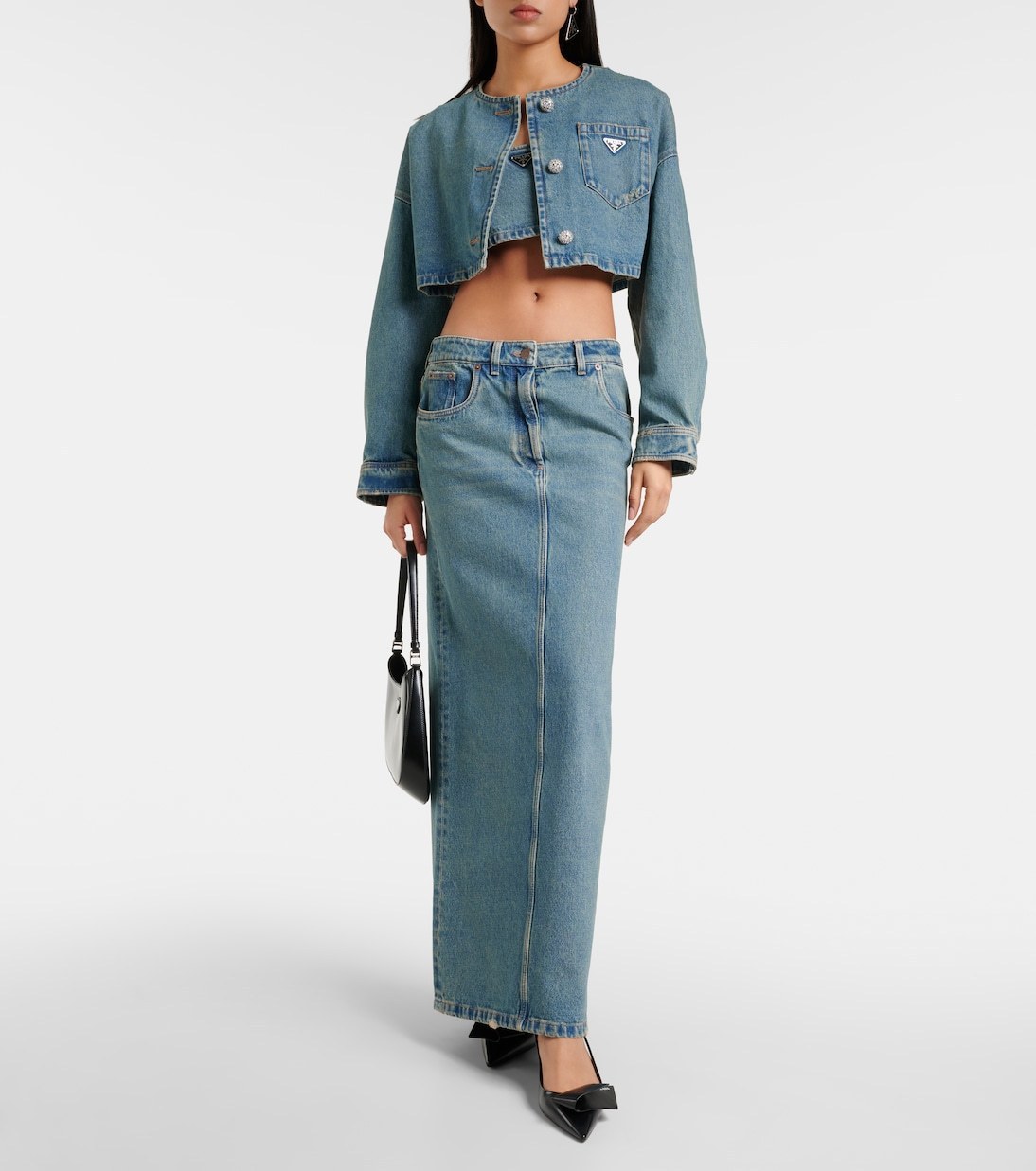 希少】 PRADA ロゴ入り デニム マキシスカート ミッドブルー