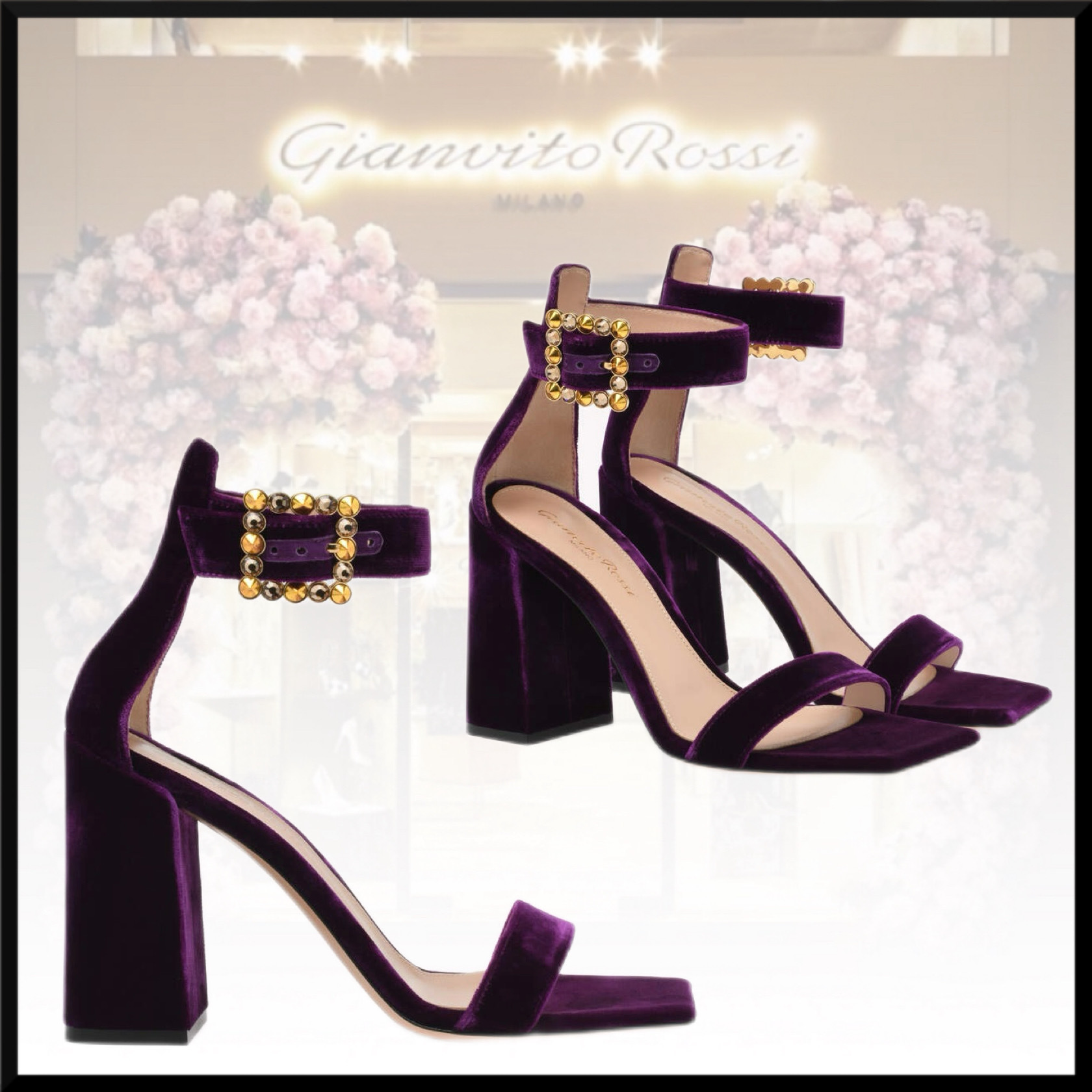 【Gianvito Rossi】ワンディ サンダル ベルベット スクエアトゥ