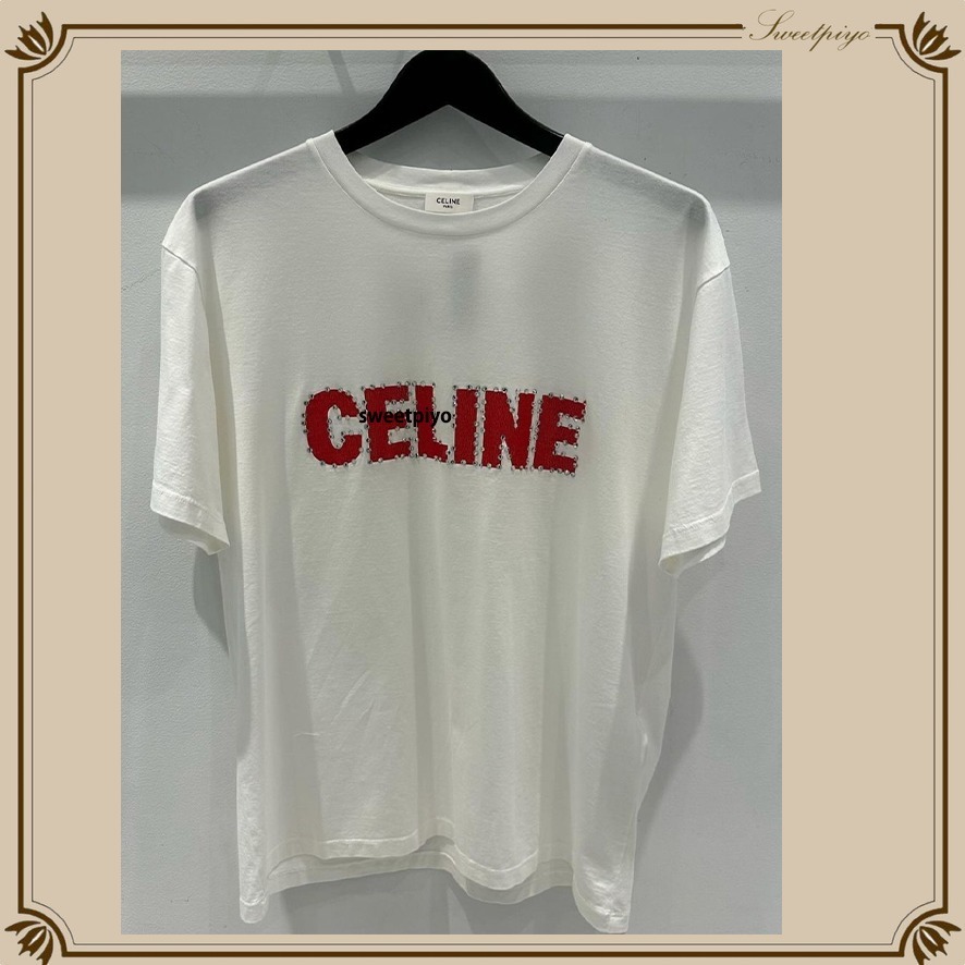 セリーヌ☆Tシャツ ロゴ ラインストーン ルーズ コットン