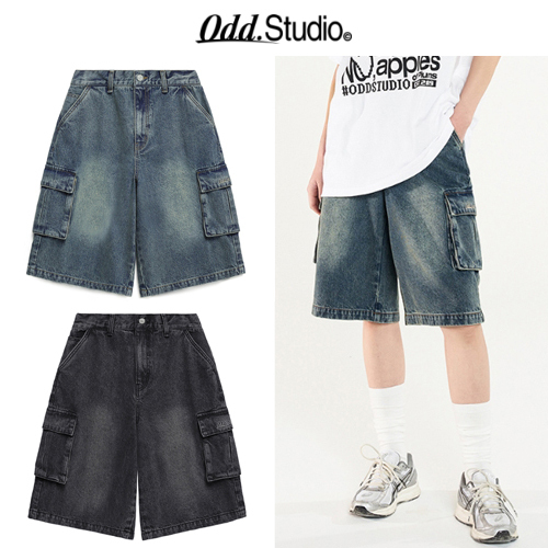 ★24SS新作★ODD STUDIO★Sand Washing Cargo Denim Half Pants