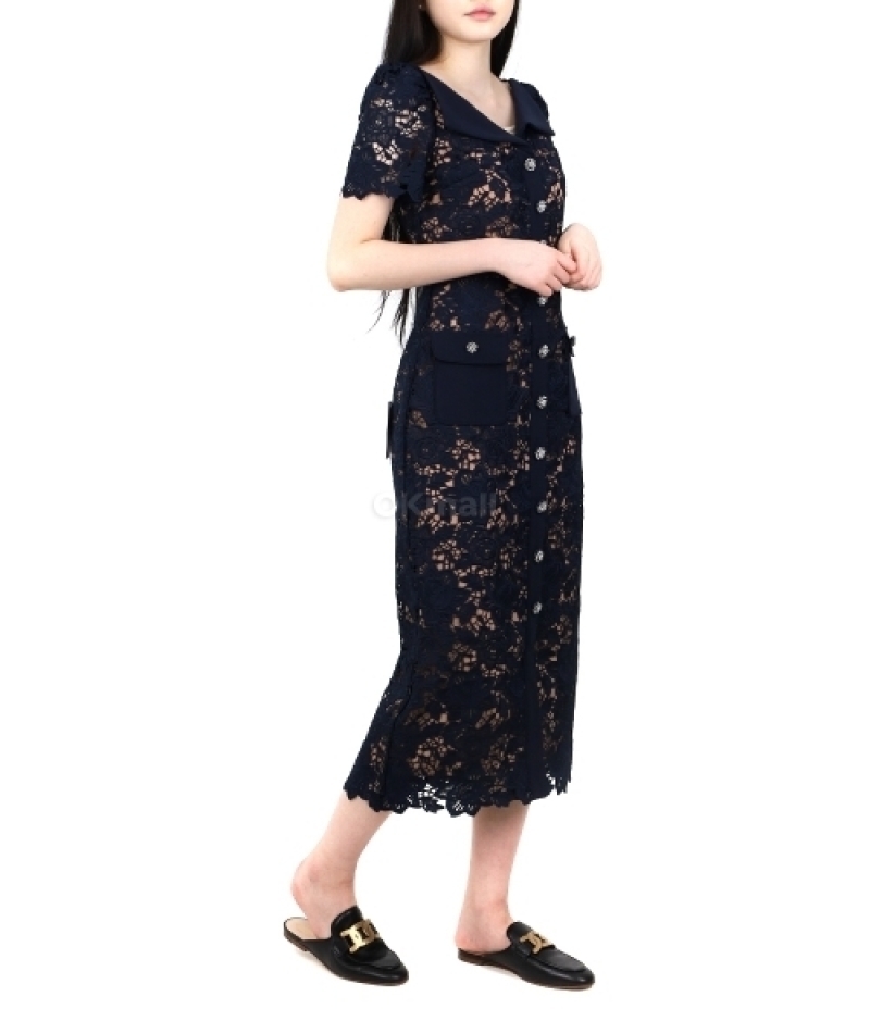 Self-Portrait｜DRESSES (NAVY LACE OPEN NECK MIDI DRESS (
